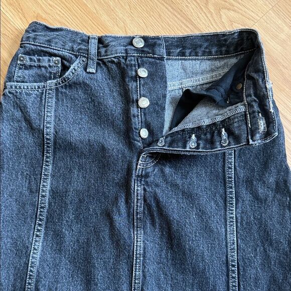 Topshop Black Denim Maxi Skirt Button fly deconstructed Size 4 - Picture 2 of 5